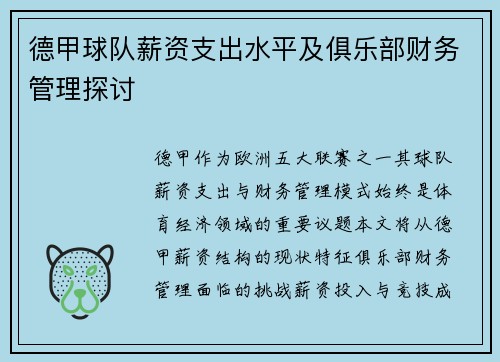 德甲球队薪资支出水平及俱乐部财务管理探讨