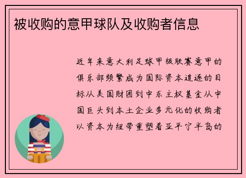 被收购的意甲球队及收购者信息
